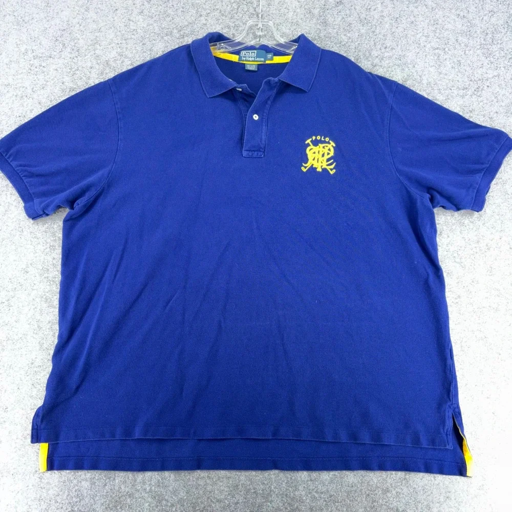 VTG Polo Ralph Lauren Mens 3XB Big Blue Yellow Crest Logo Short Sleeve Shirt Y2K